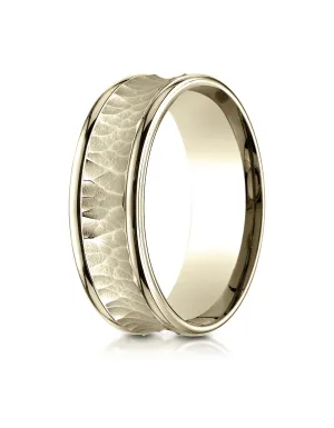 Benchmark 18K Yellow Gold 7.5mm Comfort-Fit Hammered Finish Concave Center Design Wedding Band Ring