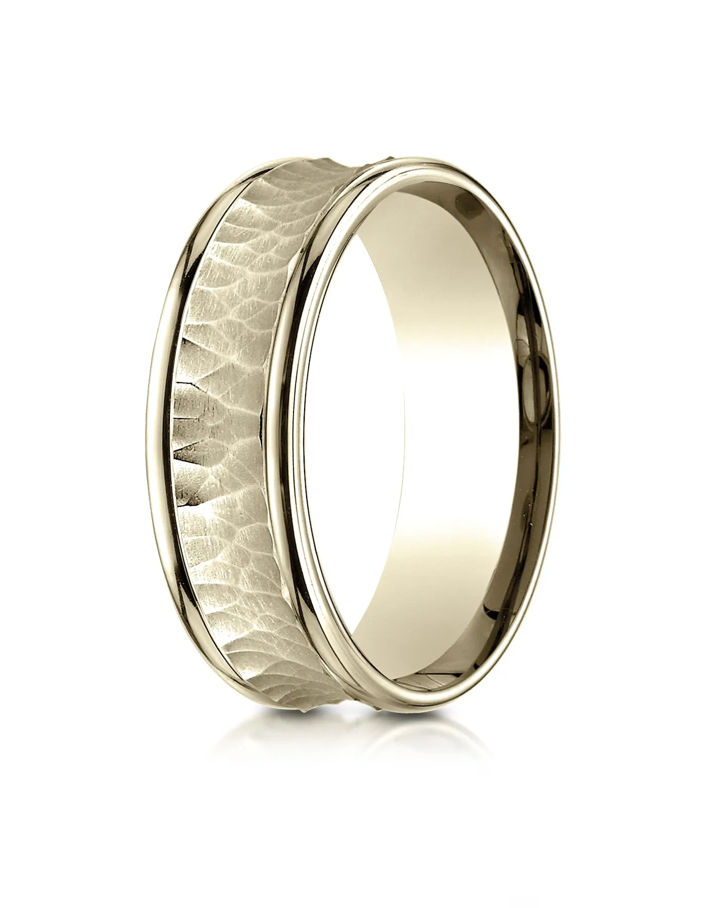 Benchmark 18K Yellow Gold 7.5mm Comfort-Fit Hammered Finish Concave Center Design Wedding Band Ring