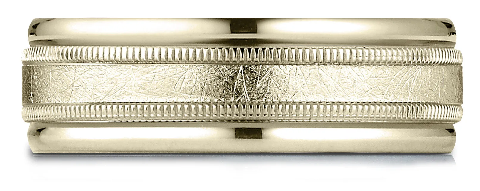 Benchmark 18k Yellow Gold 7mm Comfort-Fit Swirl Finish Center Milgrain Round Edge Carved Design Band