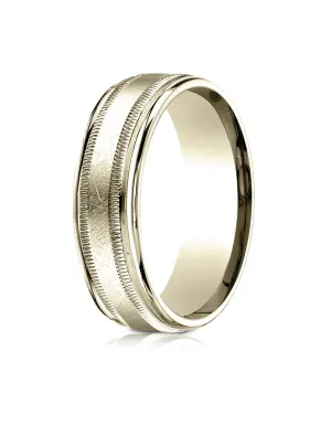 Benchmark 18k Yellow Gold 7mm Comfort-Fit Swirl Finish Center Milgrain Round Edge Carved Design Band
