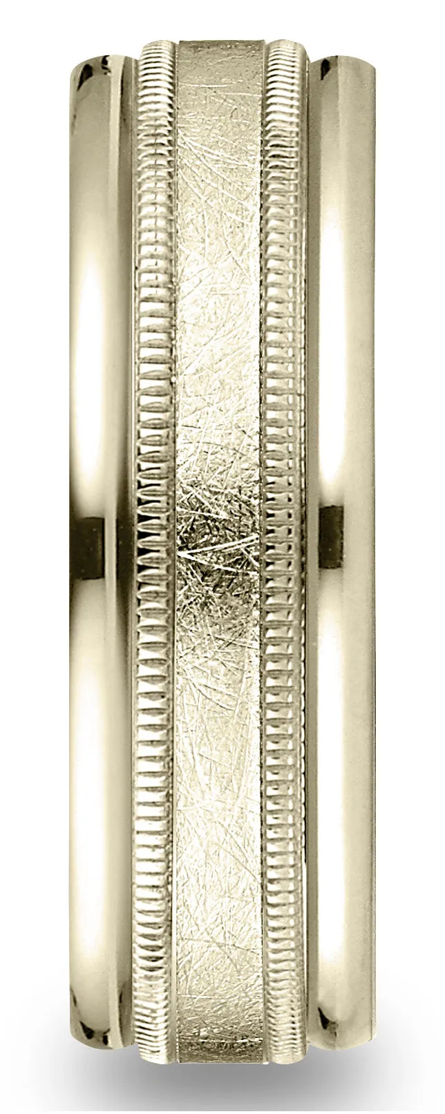Benchmark 18k Yellow Gold 7mm Comfort-Fit Swirl Finish Center Milgrain Round Edge Carved Design Band