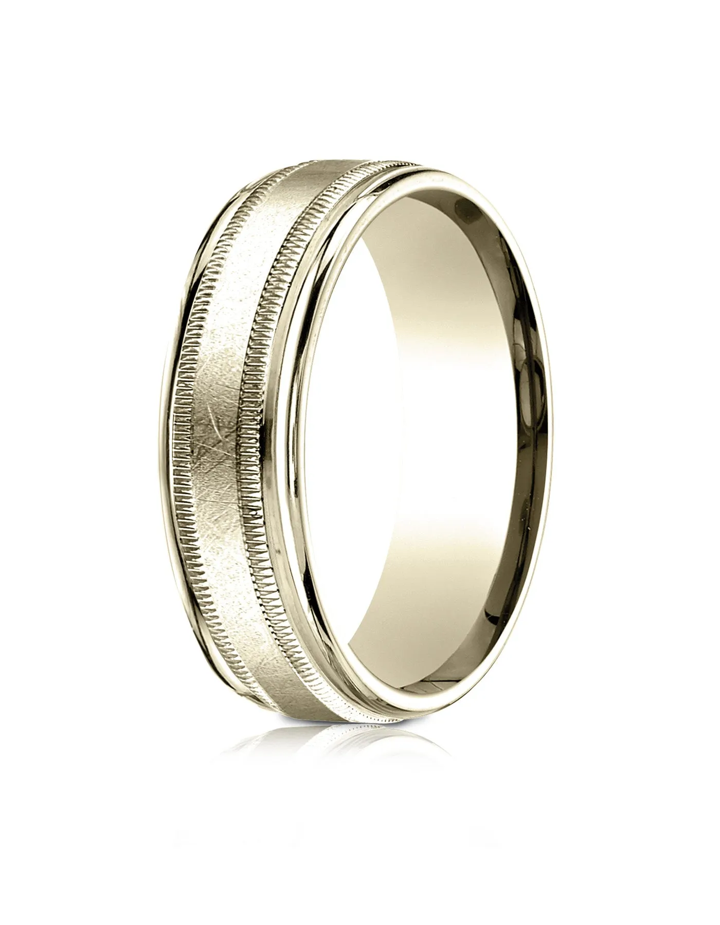 Benchmark 18k Yellow Gold 7mm Comfort-Fit Swirl Finish Center Milgrain Round Edge Carved Design Band