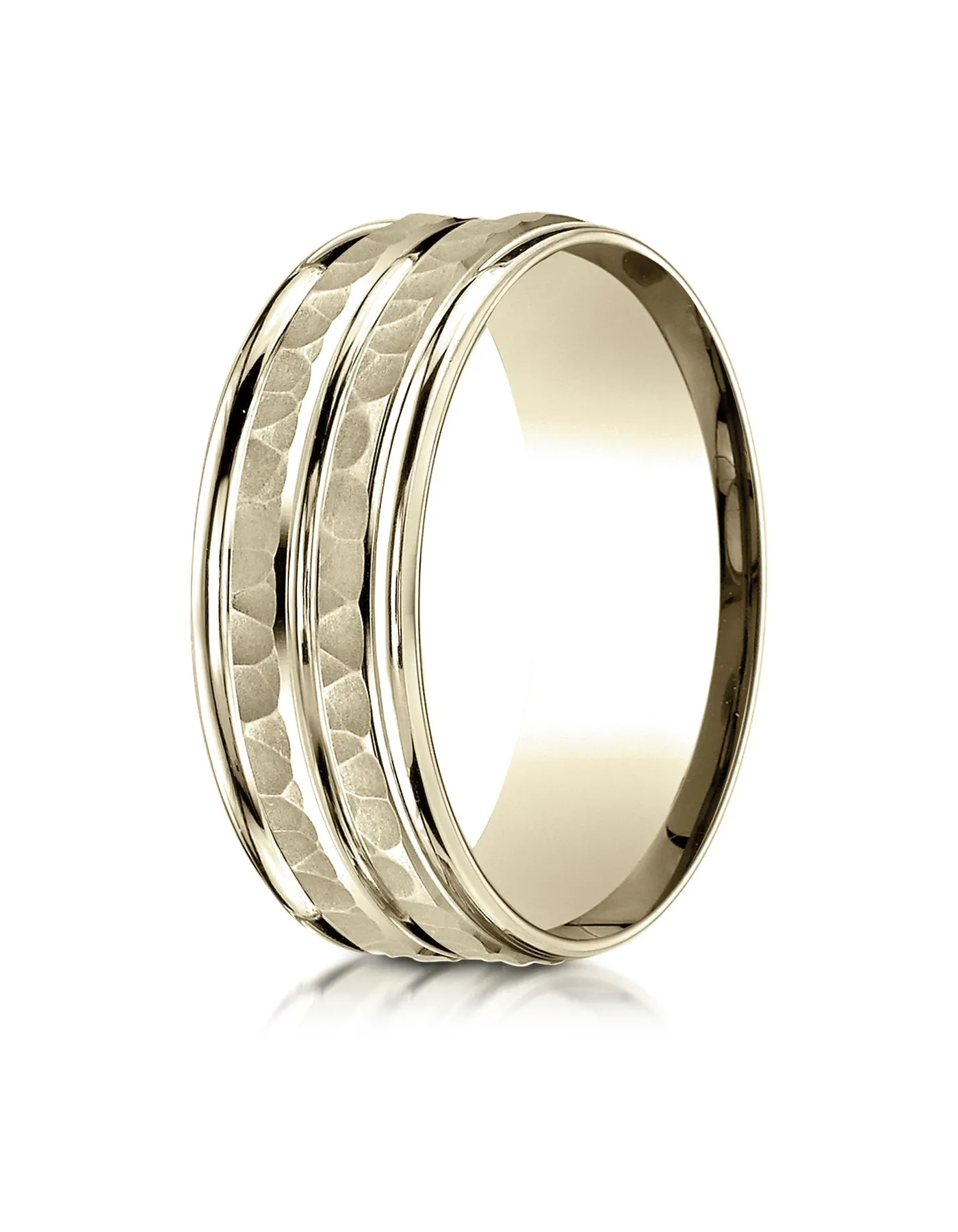 Benchmark 18K Yellow Gold 8mm Comfort-Fit Hammer-Finished High Polished Center Trim and Round Edge Band
