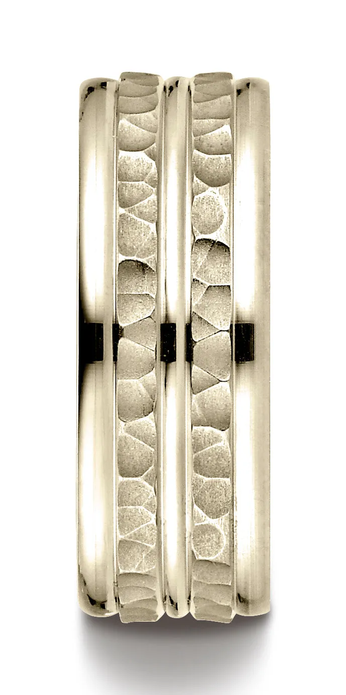Benchmark 18K Yellow Gold 8mm Comfort-Fit Hammer-Finished High Polished Center Trim and Round Edge Band