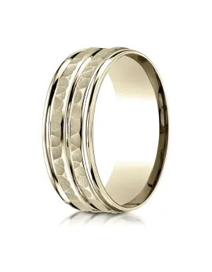 Benchmark 18K Yellow Gold 8mm Comfort-Fit Hammer-Finished High Polished Center Trim and Round Edge Band