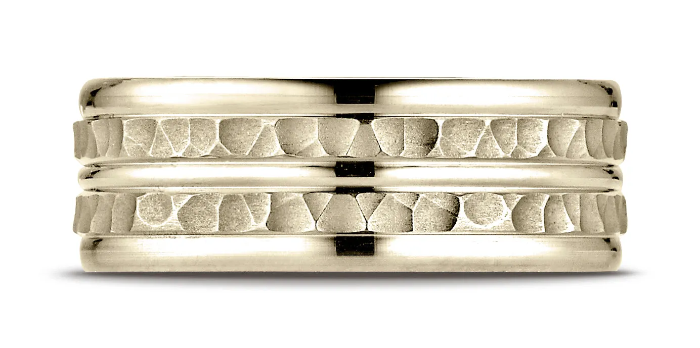 Benchmark 18K Yellow Gold 8mm Comfort-Fit Hammer-Finished High Polished Center Trim and Round Edge Band