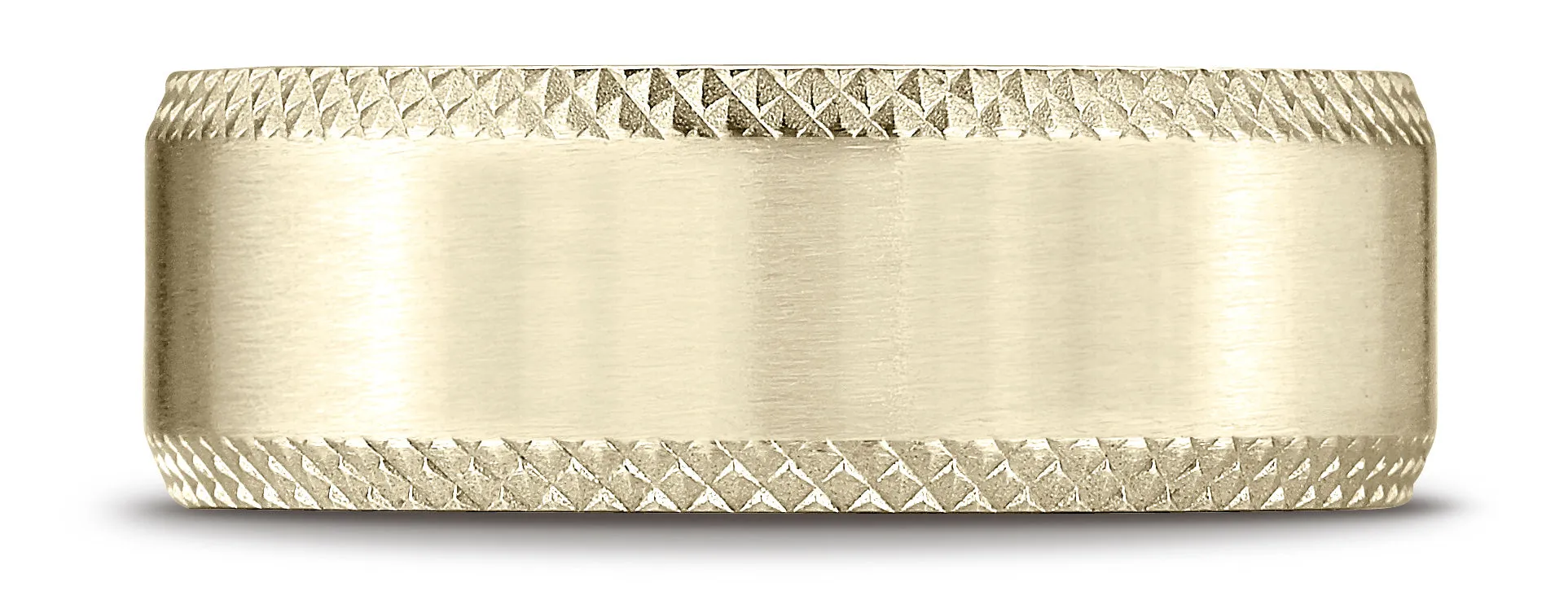 Benchmark 18K Yellow Gold 8mm Comfort-Fit Satin-Finished Cross Hatched Beveled Edge Carved Design Ring