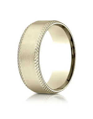 Benchmark 18K Yellow Gold 8mm Comfort-Fit Satin-Finished Cross Hatched Beveled Edge Carved Design Ring