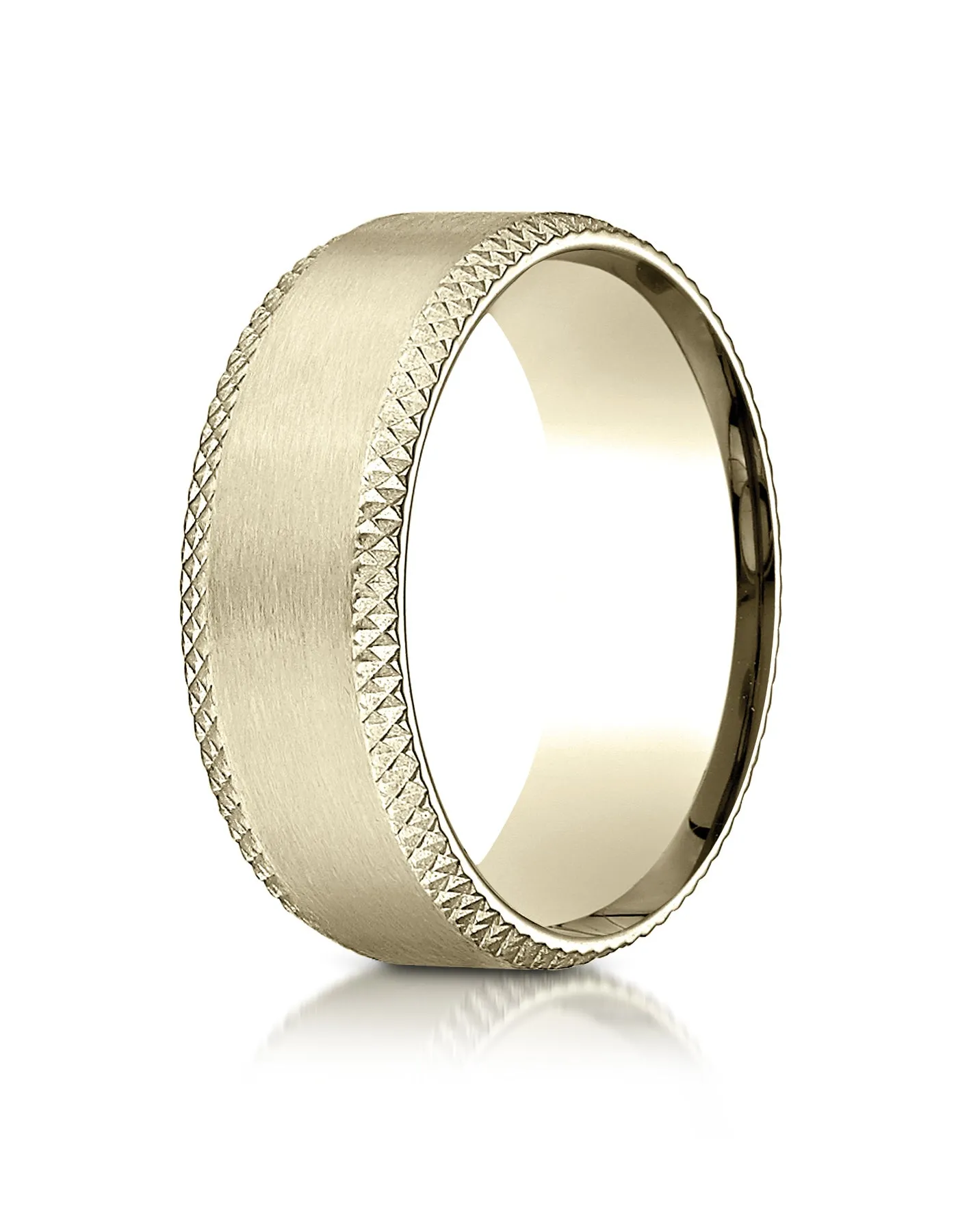 Benchmark 18K Yellow Gold 8mm Comfort-Fit Satin-Finished Cross Hatched Beveled Edge Carved Design Ring