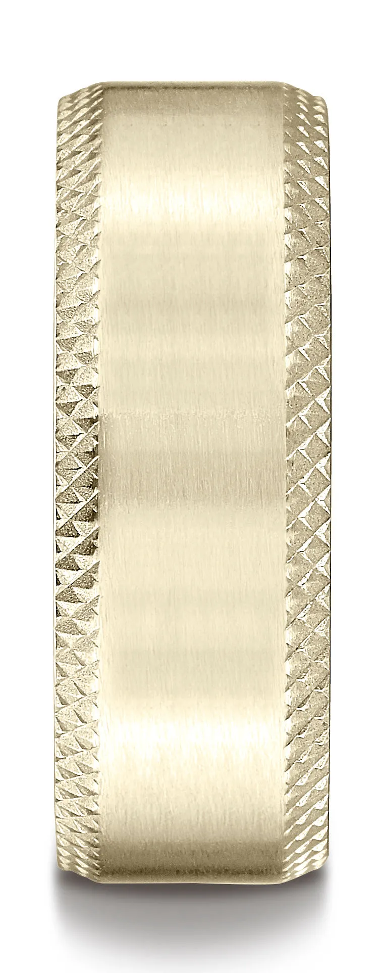 Benchmark 18K Yellow Gold 8mm Comfort-Fit Satin-Finished Cross Hatched Beveled Edge Carved Design Ring