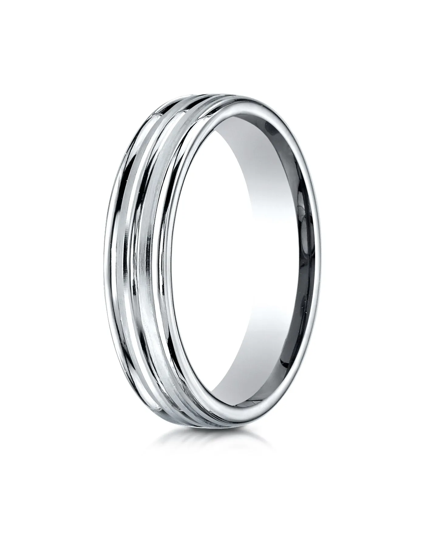 Benchmark Palladium 4mm Comfort-Fit Satin High Polish Center Trim and Round Edge Carved Design Band Ring