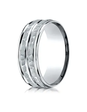 Benchmark Platinum 8mm Comfort-Fit Hammer-Finished High Polished Center Trim and Round Edge Wedding Band