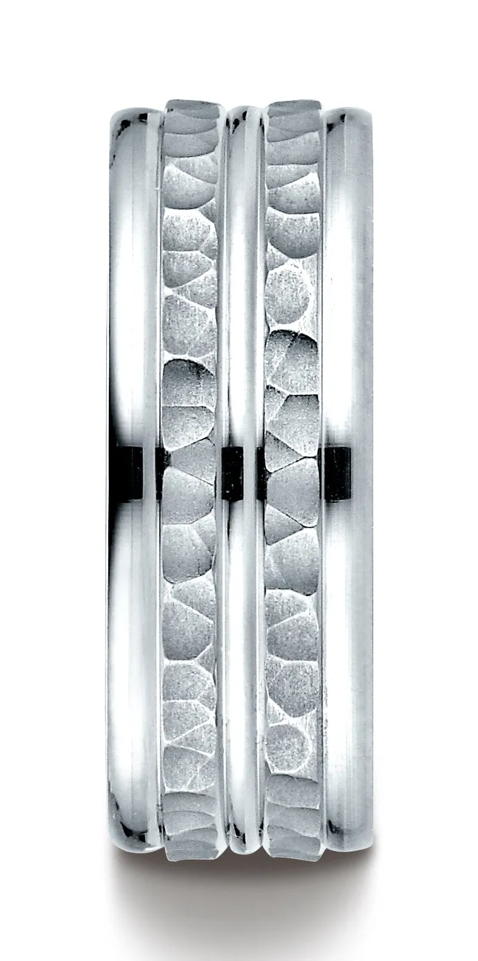 Benchmark Platinum 8mm Comfort-Fit Hammer-Finished High Polished Center Trim and Round Edge Wedding Band