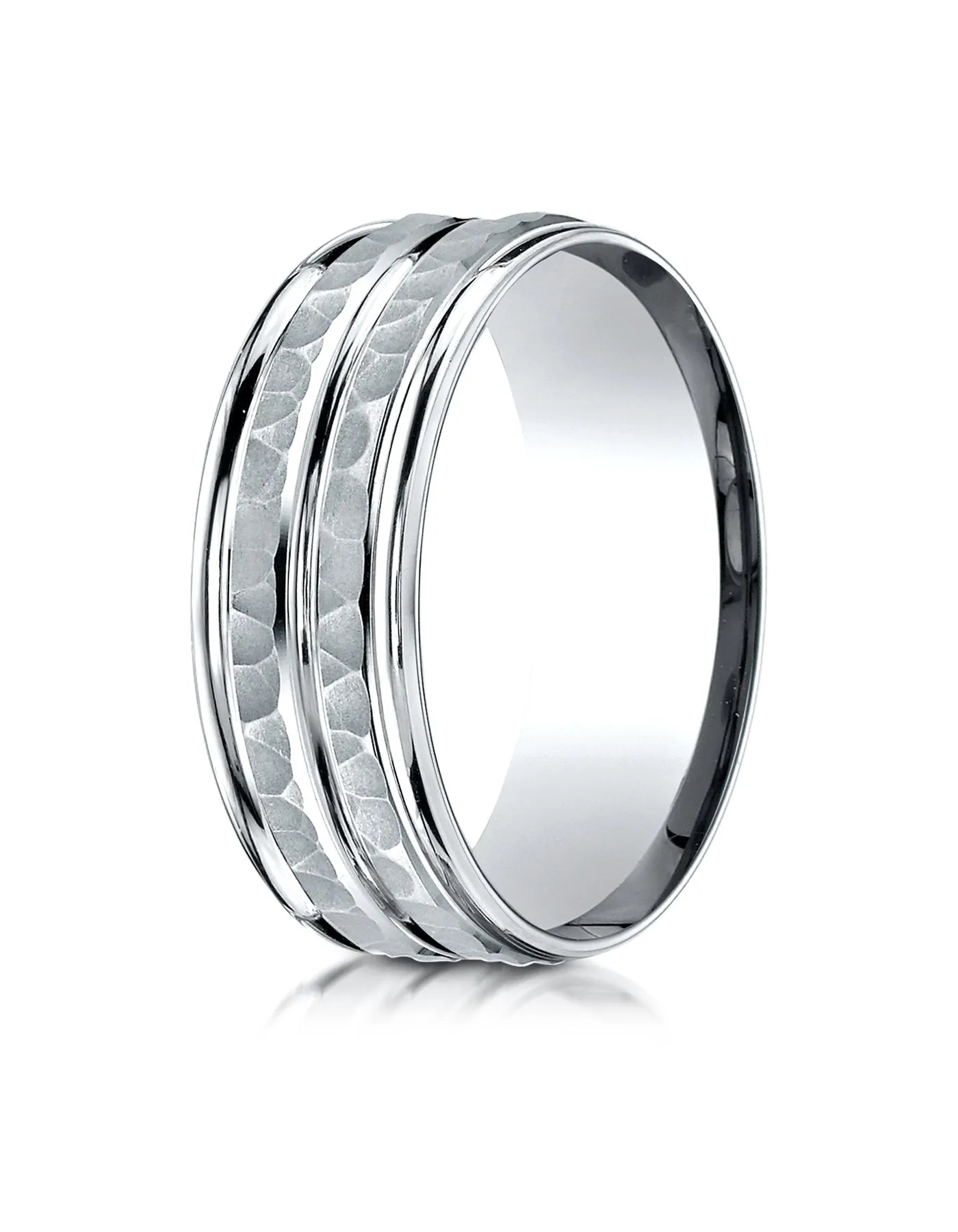 Benchmark Platinum 8mm Comfort-Fit Hammer-Finished High Polished Center Trim and Round Edge Wedding Band