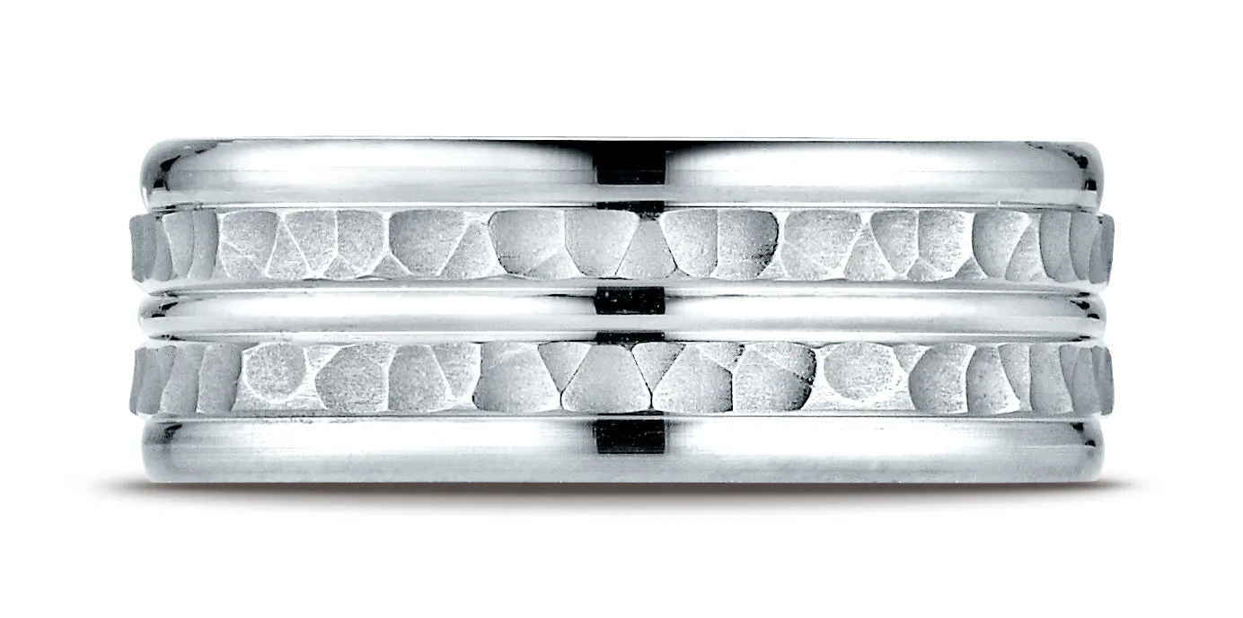 Benchmark Platinum 8mm Comfort-Fit Hammer-Finished High Polished Center Trim and Round Edge Wedding Band
