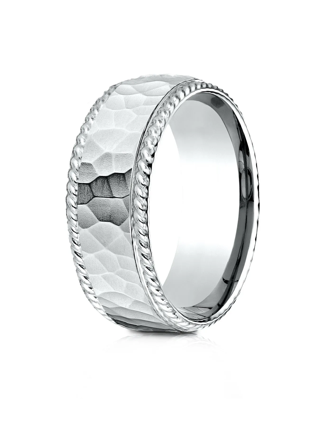 Benchmark Platinum 8mm Comfort-Fit Rope Edge Hammered Finish Design Band, (Sizes 4-15)