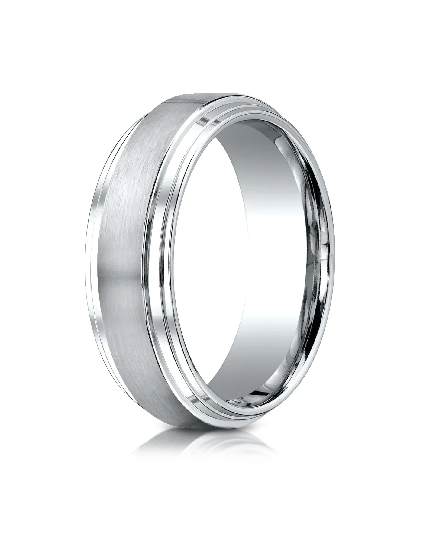 Benchmark Platinum 8mm Comfort-Fit Satin-Finished Step Edge Carved Design Band, (Sizes 4-15)