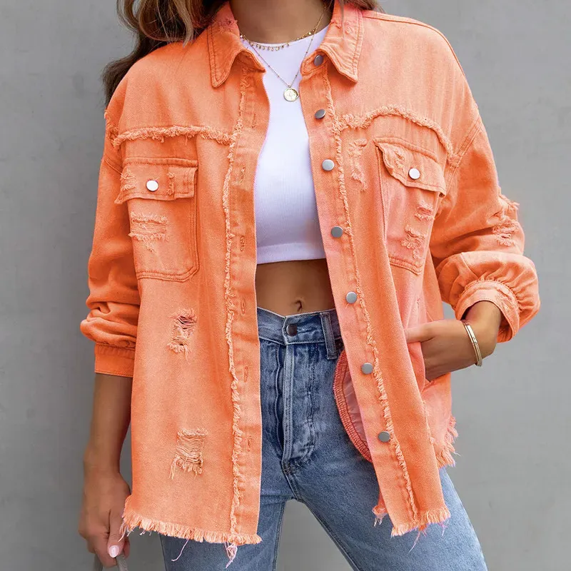 BlushEdge Distressed Frayed Hem Button-Up Denim Shacket