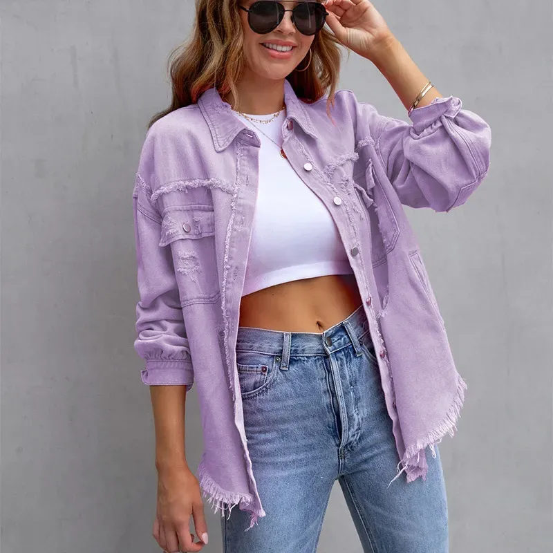 BlushEdge Distressed Frayed Hem Button-Up Denim Shacket