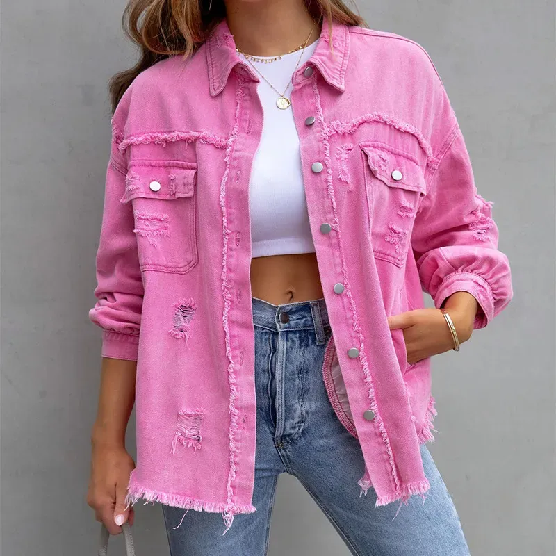 BlushEdge Distressed Frayed Hem Button-Up Denim Shacket