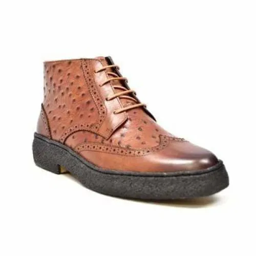 British Walkers Playboy Wingtips Limited Edition Men's Cognac Tan Ostrich Leather High Top Boots Ankle Boots