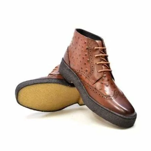 British Walkers Playboy Wingtips Limited Edition Men's Cognac Tan Ostrich Leather High Top Boots Ankle Boots
