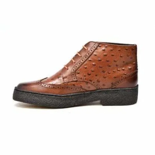 British Walkers Playboy Wingtips Limited Edition Men's Cognac Tan Ostrich Leather High Top Boots Ankle Boots