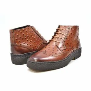 British Walkers Playboy Wingtips Limited Edition Men's Cognac Tan Ostrich Leather High Top Boots Ankle Boots