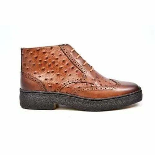 British Walkers Playboy Wingtips Limited Edition Men's Cognac Tan Ostrich Leather High Top Boots Ankle Boots