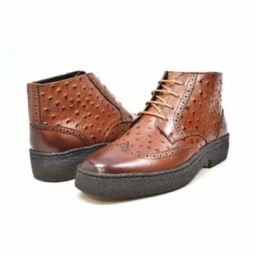 British Walkers Playboy Wingtips Limited Edition Men's Cognac Tan Ostrich Leather High Top Boots Ankle Boots