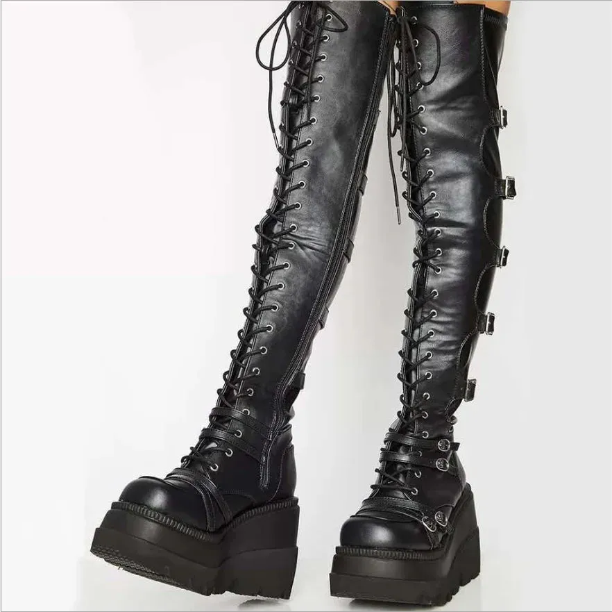 Buckle Wedge Over-The-Knee Boots with Chunky Heels – Bold Street Style with a Gothic Edge