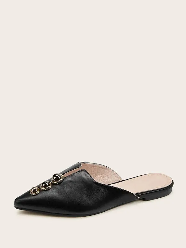CM-SHS717155 Women Elegant Seoul Style Point Toe Beaded Flat Mules - Black