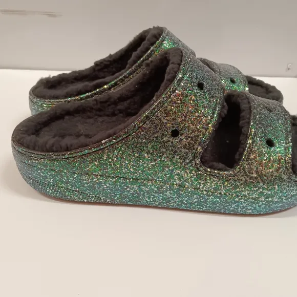Crocs Classic Cozzzy Glitter Sandal Slides Sherpa Lined Women's 12 Men's 10