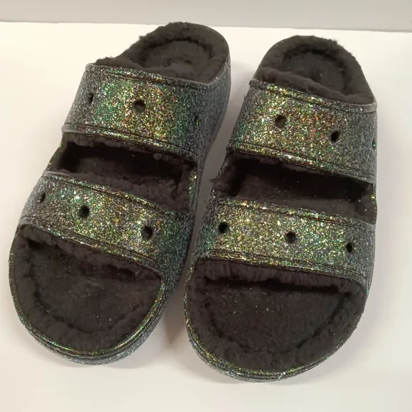 Crocs Classic Cozzzy Glitter Sandal Slides Sherpa Lined Women's 12 Men's 10