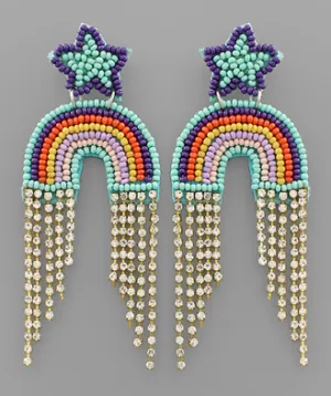 Crystal Fringe Beaded Rainbow Star Earrings Light Blue/Purple