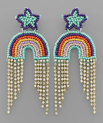 Crystal Fringe Beaded Rainbow Star Earrings Light Blue/Purple