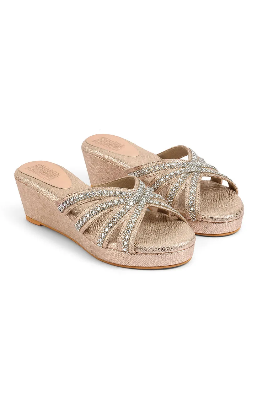 Crystal Slip on Low Wedges Rose Gold
