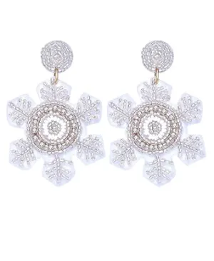 Crystal Snowflake Seed Bead Beaded Earrings Silver/White