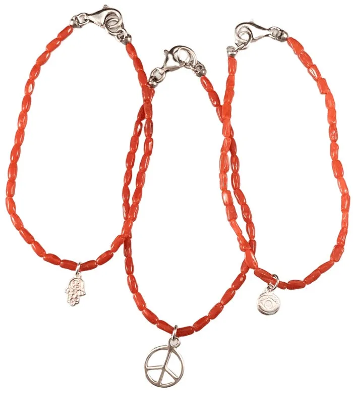 Delicate Coral Bead Bracelet with Sterling Silver Peace Eye & Hamsa Charms