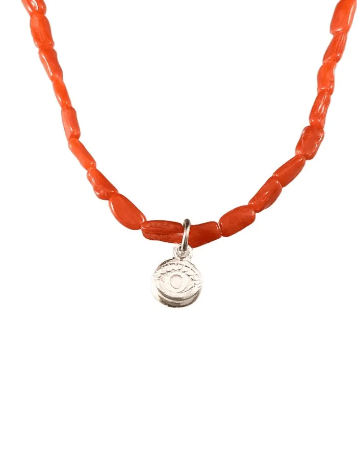 Delicate Coral Bead Bracelet with Sterling Silver Peace Eye & Hamsa Charms