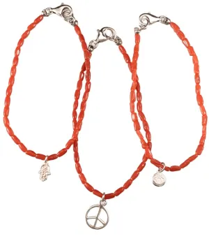 Delicate Coral Bead Bracelet with Sterling Silver Peace Eye & Hamsa Charms