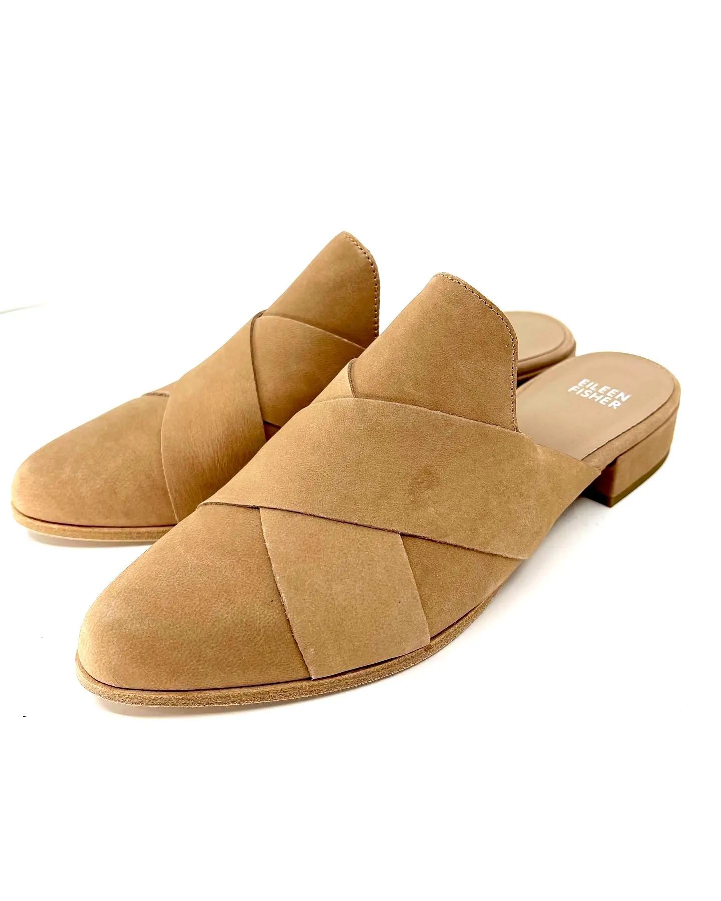 EILEEN FISHER BAUER CRISSCROSS FLAT WHEAT NUBUCK LEATHER MULES
