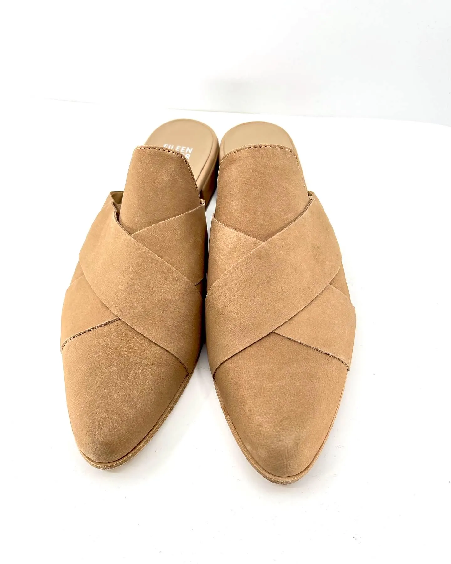 EILEEN FISHER BAUER CRISSCROSS FLAT WHEAT NUBUCK LEATHER MULES