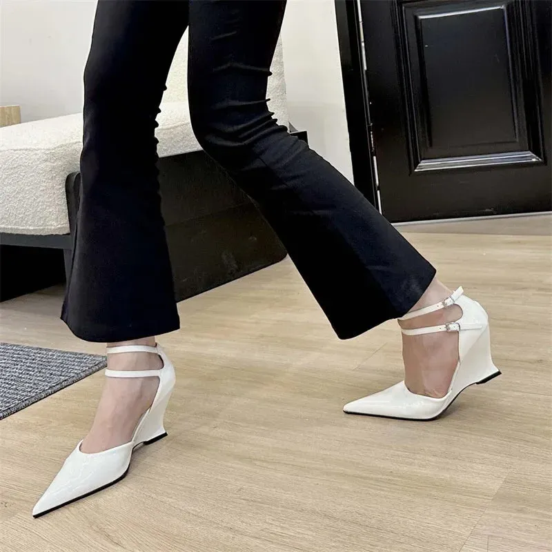 Eilyken Fashion Pointed Toe Wedges Heels Women Pumps Fashion Double Buckle Strap Sandals Wedding Party Mule Shoes