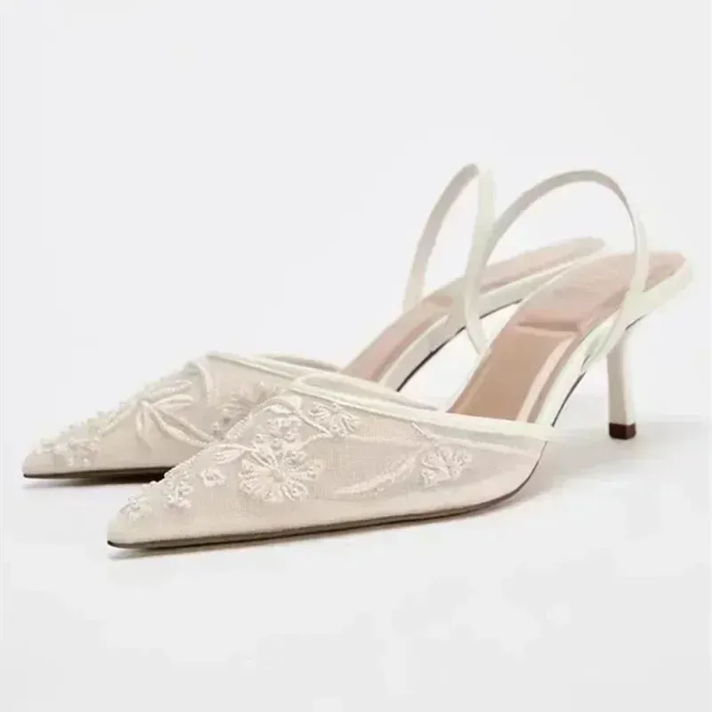 Elegant Mesh Embroidered Flowers Designer Heeled Sandals Women 2025 Summer Sexy Slingback Pointed Toe Thin High Heels Dress Shoe