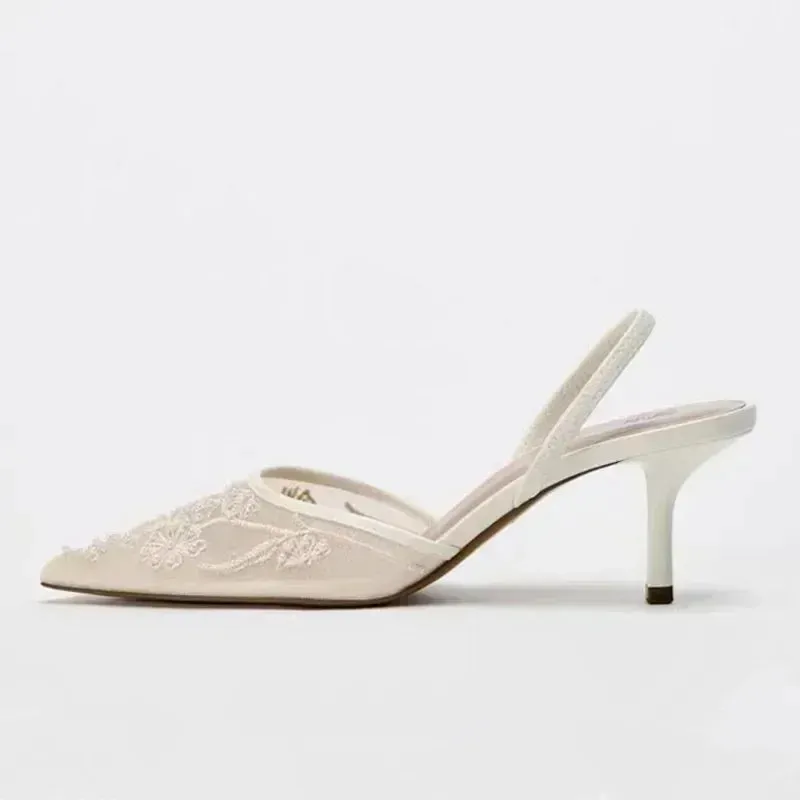 Elegant Mesh Embroidered Flowers Designer Heeled Sandals Women 2025 Summer Sexy Slingback Pointed Toe Thin High Heels Dress Shoe