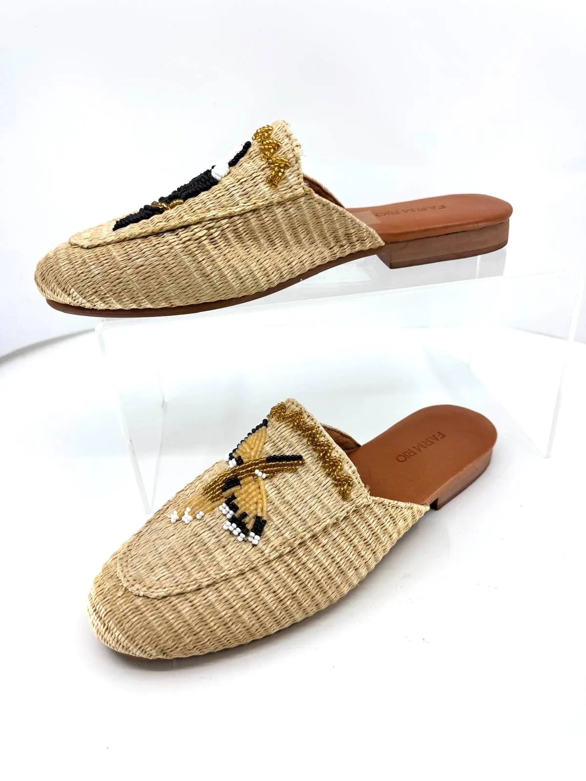 FARM RIO TOUCAN BEADED RAFFIA MULES