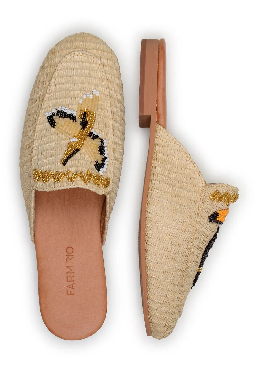 FARM RIO TOUCAN BEADED RAFFIA MULES