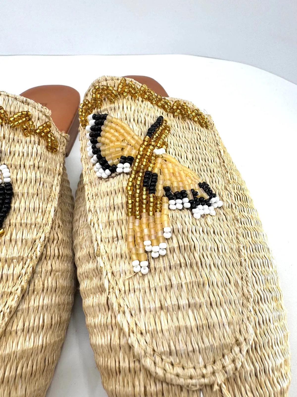 FARM RIO TOUCAN BEADED RAFFIA MULES