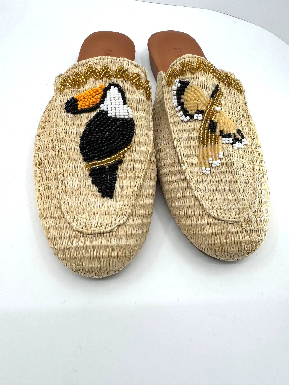 FARM RIO TOUCAN BEADED RAFFIA MULES